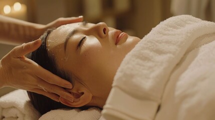 A woman reclines comfortably on a treatment table, eyes closed, as a therapist gently massages her scalp, creating a soothing atmosphere in a spa setting