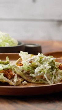 Vertical food video, Gastronomy from mexico tostadas, travel shot left
