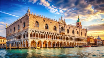 Obraz premium Historic Byzantine-style Doge's Palace in Venice, Italy, with ornate architecture, arches, and columns, surrounded by scenic canals and bustling St. Mark's Square.