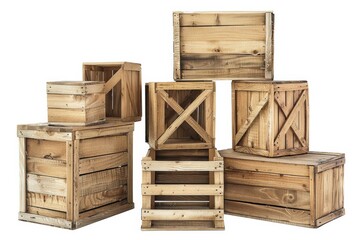Wooden Crates. Isolated Group of Wooden Boxes on White Background