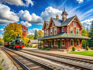 Fototapeta premium Historic Crossroads Village and Huckleberry Railroad in Flint, Michigan, featuring charming 19th-century buildings, vintage train tracks, and scenic surroundings.