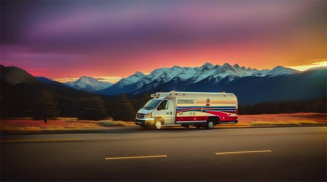 Ambulance against a sunset behind mountains with silhouetted pine trees