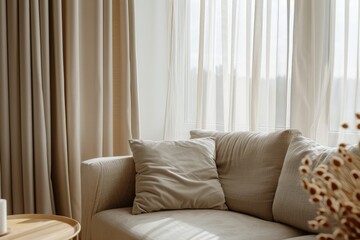 Window With Curtains. Modern Wooden Kitchen Set with Bright Beige Sofa Near Minimalist White Curtains