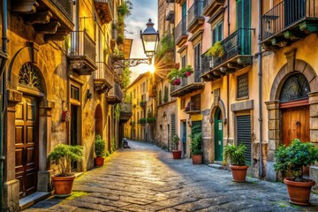 Naklejka premium Historic Naples street scene featuring worn cobblestones, ornate lanterns, and vibrant antique buildings with balconies, shutters, and faded facades in warm Mediterranean sunlight.