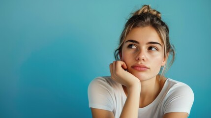 Fototapeta premium Woman Bored. Portrait of Beautiful Young Girl in Studio Setting on Blue Background