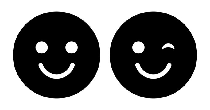 Naklejki Smile and wink or eye blink face emoji smiley set in black and white color. Winking Face. Eye wink emoji, funny emoticon with smile. Smile icon vector.