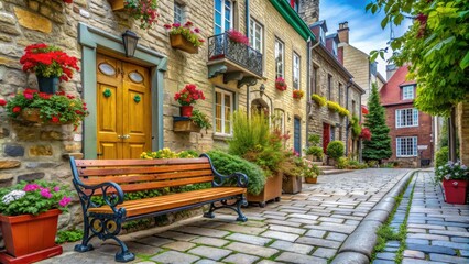 Fototapeta premium Historic Quebec City streetscape featuring a charming bench, flowerpot, and picturesque architecture in the heart of Old Quebec's staging area.