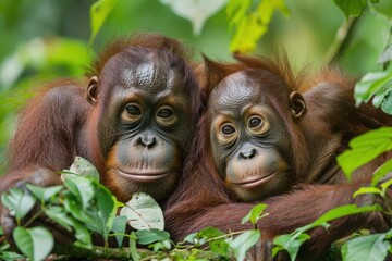 Fototapeta premium Wild Orangutans in Borneo: Endangered Primates of the Indonesian Rainforest