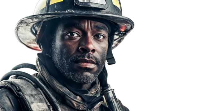 portrait of a firefighter in his uniform and helmet isolated on white background