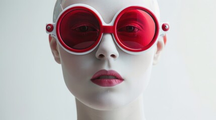 Woman with a bald head and a neutral expression, wearing large round red sunglasses