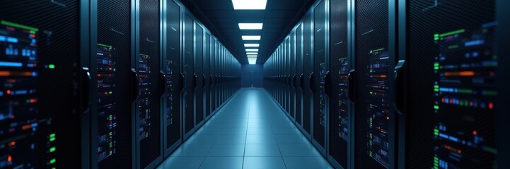 A futuristic data center aisle, showcasing rows of high-tech servers in a sleek, illuminated environment, representing modern technology and data management.