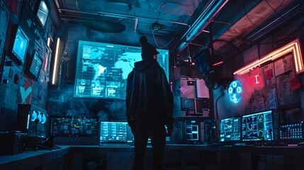 Naklejka premium A person in a dark room filled with computer screens and neon lights, resembling a futuristic hacker or technology expert at work.