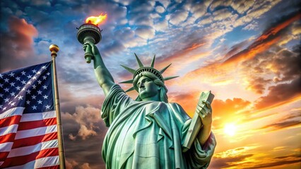 Fototapeta premium Iconic copper statue of freedom standing proudly on Liberty Island, grasping a torch and tablet, with the American flag waving majestically in the background.