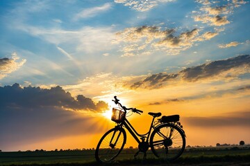 Obraz premium A bicycle is parked in a green field during sunset, with a warm glow