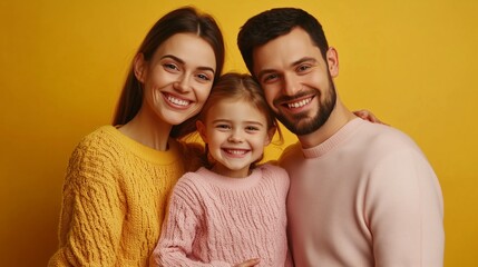 Fototapeta premium A cheerful family poses together with bright smiles against a vibrant yellow backdrop, showcasing their cozy sweaters during a joyful indoor moment