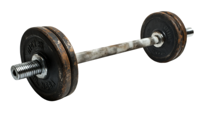 rusty dumbbell isolated on white background, transparent png cutout