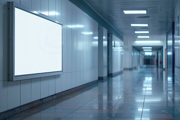 A well-lit, modern corridor with a clean floor and a large, blank screen on the wall, ideal for advertisements, informational posters, or digital signage in corporate or healthcare settings