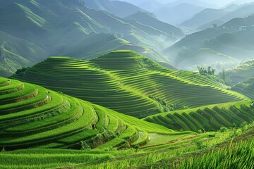 Fototapeta premium Vietnam Landscape. Terraced Rice Fields in Mu Cang Chai, YenBai. Agriculture and Greenery in Northern Vietnam