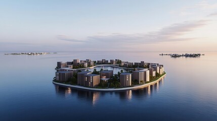 Fototapeta premium A floating urban complex designed to adapt to climate change, using advanced sustainable technology, urban development, sustainability, technological advancement