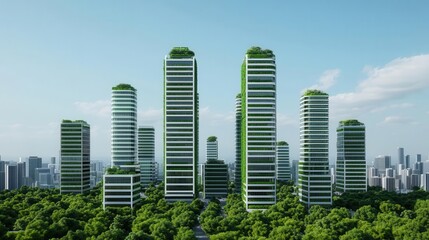 Obraz premium A futuristic city center with green skyscrapers, smart technology, and a focus on sustainability, urban development, technological innovation, sustainability