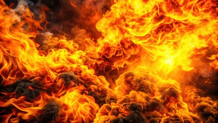 Inferno of intense orange and yellow flames engulfing a dark background, with streaks of light and smoke rising from the blazing chaos.