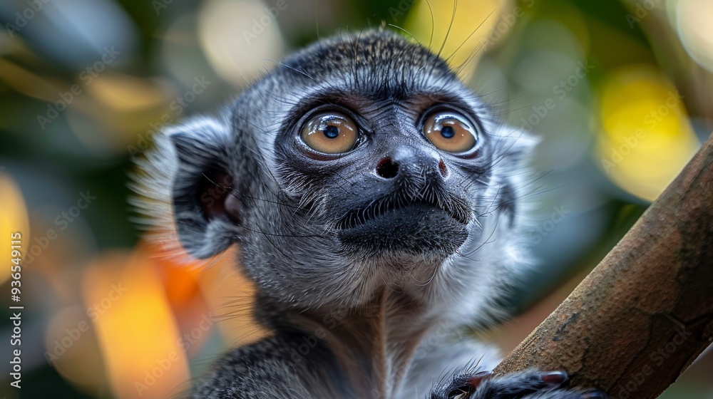 Wall mural a curious monkey gazes intently while perched on a branch in its natural habitat, surrounded by vibr