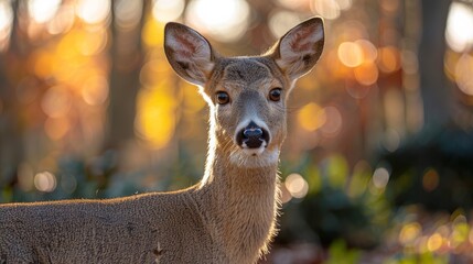 A young deer standing gracefully in a sunlit forest during autumn, surrounded by vibrant foliage and soft golden light filtering through the trees