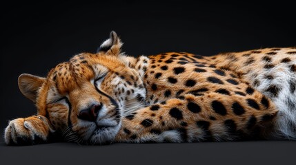 Obraz premium A resting leopard peacefully sleeps against a dark background, showcasing its majestic coat and serene expression