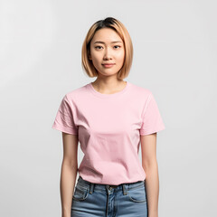 A confident young Asian woman with short hair stands against a neutral background, wearing a pink t-shirt and jeans, exuding a calm demeanor.