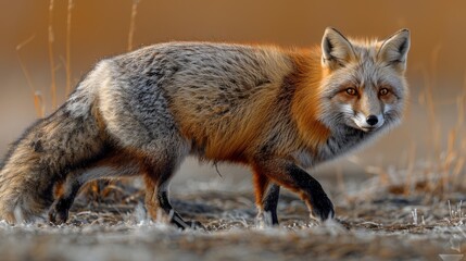 Naklejka premium A red fox walks gracefully through a grassy landscape during the golden hour, showcasing its striking fur and keen gaze in a natural setting