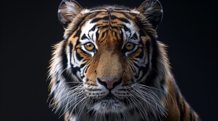 Naklejka premium A close-up of a majestic tiger displaying striking orange and black stripes in a studio setting, highlighting its intense gaze and powerful presence against a dark background