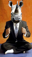 Obraz premium Rhinoceros Head Businessman with Suit and Tie Sitting in Yoga Pose with Orange Background
