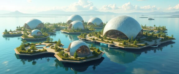 A futuristic island resort with dome-shaped structures surrounded by pristine waters, perfect for showcasing innovative architecture and eco-friendly tourism concepts.