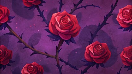 Red roses on thorny branches against purple background representing beauty and danger