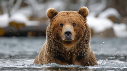 Obraz premium A brown bear swims in a tranquil lake surrounded by snow-covered trees, showcasing its majestic presence in a serene, natural environment at dawn