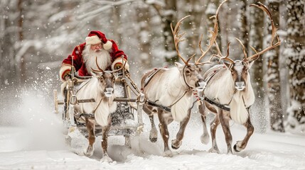 Santa Claus Riding Sleigh With Reindeer Team In Snowy Winter Forest, Christmas Delivery