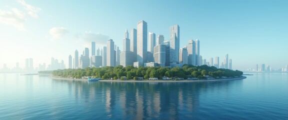 Obraz premium A stunning modern cityscape on an island, showcasing a blend of nature and urban architecture, ideal for themes of innovation, sustainability, and future living.