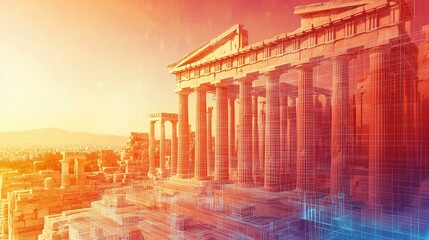 Obraz premium Digital representation of the Parthenon at sunset over Athens, showcasing ancient architecture and modern design elements
