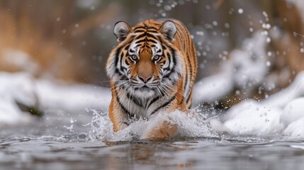 Obraz premium A majestic tiger strides through a snowy river in a serene forest during winter, displaying its powerful presence in nature and the beauty of its habitat