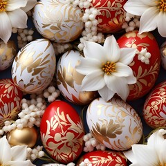 Elegant Easter eggs with golden patterns among white flowers. Seamless pattern background.