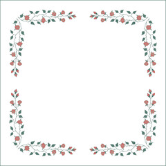 Green vegetal frame with red rose flowers, decorative corners for greeting cards, banners, business cards, invitations, menus. Isolated vector illustration.	
