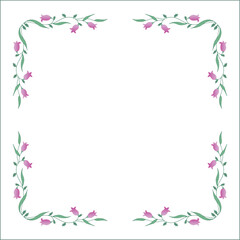 Green vegetal floral frame with leaves and pink flowers, decorative corners for greeting cards, banners, business cards, invitations, menus. Isolated vector illustration.	
