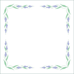 Green vegetal floral frame with leaves and purple flowers, decorative corners for greeting cards, banners, business cards, invitations, menus. Isolated vector illustration.	
