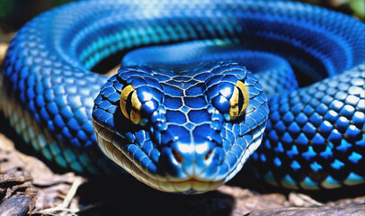 Fototapeta premium A blue snake with yellow eyes stares intensely at the camera
