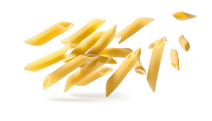 Falling italian penne rigate pasta isolated on white background with clipping path