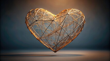 Intricate heart-shaped wire frame suspended in mid-air, delicate threads weaving together to form a beautiful, transparent symbol of love and vulnerability.