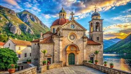 Naklejka premium Intricately decorated baroque church adorned with vibrant paintings, icons, and rich tapestries, nestled on a tranquil island in Montenegro's sparkling Bay of Kotor.