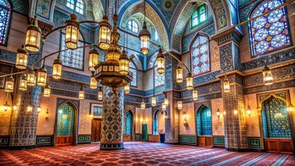 Intricately decorated mosque interior with lanterns, Arabic calligraphy, and ornate tiles, capturing the essence of Ramadan's spiritual and cultural significance in Islamic tradition.