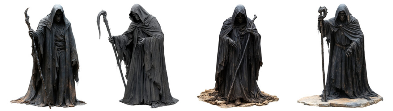 Dark grim reaper statues holding staffs with flowing cloaks on transparent background