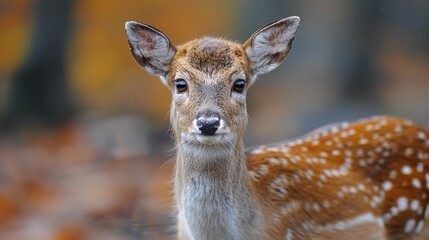 Fototapeta premium A young deer with distinctive spots stands alert in a forest with colorful autumn foliage during daylight hours